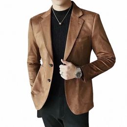 Fi Slim Hommes Blazer Haut de gamme Deerskin Veet Épais Couleur Solide Costume Veste Gris Vert Foncé Marron Top Automne et Manteau d'hiver c9pQ #