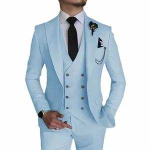 Fi Smart Busin traje azul cielo Homme boda trajes de hombre pico solapa novio esmoquin Terno Masculino Prom Blazer 3 piezas r7zn #