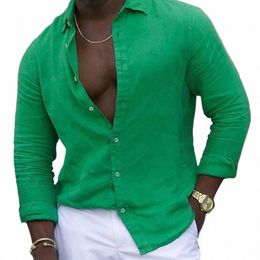 Fi Color sólido Camisa para hombre Cott Lino suelto Butted Turn-Down Collar LG Manga Playa Estilo Camisas Ropa Hombres Cardigan K42B #