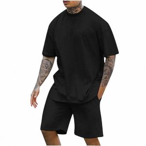 Fi Sólido Traje de dos piezas 3D Hombres de manga corta O-cuello camisetas y pantalones cortos Trajes Hombres Verano Casual Simplicidad Conjuntos Sudadera d1u3 #