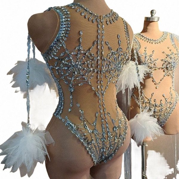 Fi Sparkle Paillettes Strass Body Voir à travers le club de fête d'anniversaire justaucorps femmes pole dance drag queen tenue K8mH #