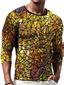 Fi Printemps et automne brillant hommes manches Lg Top impression 3D géométrie créative T-shirt tendance col rond chemise de haute qualité o1Mp #