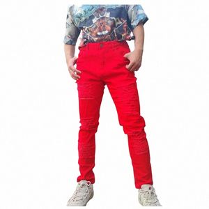 fi Street Style Ripped Skinny Jeans Heren Rode Kleur W Solid Denim Lg Broek Heren Casual Slim Fit Potlood Denim Broek c2mk #