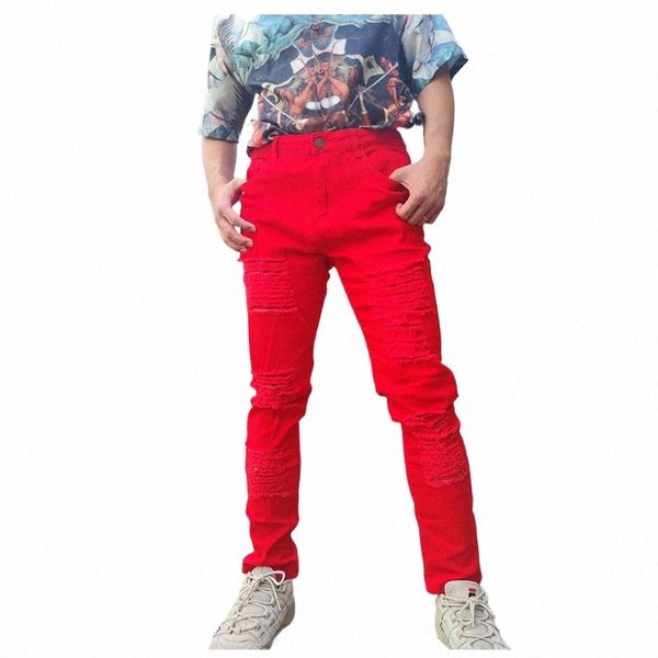 Fi Street Style Ripped Skinny Jeans Hombres Color rojo W Sólido Denim Lg Pantalón para hombre Casual Slim Fit Lápiz Pantalones de mezclilla c2mk #