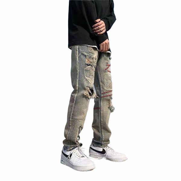 Fi Street Style Ripped Skinny Jeans Hommes Vintage w Solid Denim Pantalon Hommes Casual Slim fit crayon denim Pantalon vente chaude B37s #