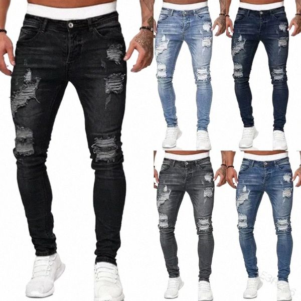 Fi Street Style Ripped Skinny Jeans Hommes Vintage w Solide Denim Pantalon Hommes Casual Slim Fit Crayon Denim Pantalon vente chaude k5YB #