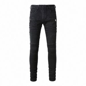 Fi Streetwear Hommes Jeans Noir Stretch Slim Fit Spliced Designer Biker Jeans Homme Zipper Pocket Hip Hop Marque Pantalons Hommes q0Xj #