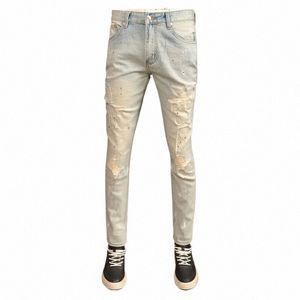 Fi Streetwear Hommes Jeans Haute Qualité Rétro Mer Bleu Stretch Slim Ripped Jeans Hommes Peint Designer Vintage Denim Pantalon 84rZ #