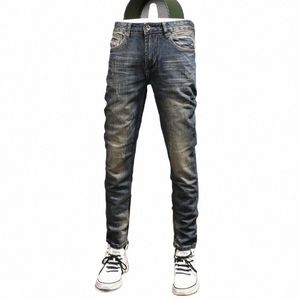 fi streetwear heren jeans hoge kwaliteit retro donkerblauw elastisch slim fit gescheurde jeans heren vintage designer denim broek hombre H8v1 #