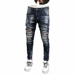 Fi Streetwear Hommes Jeans Rétro Bleu Foncé Élastique Slim Fit Ripped Biker Jeans Homme Peint Designer Hip Hop Denim Pantalons Hommes r2vl #