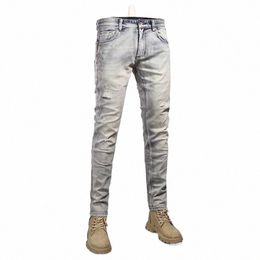 Fi Streetwear Hommes Jeans Rétro Mer Bleu Clair Stretch Slim Fit Ripped Jeans Hommes Patché Vintage Designer Denim Pantalon j6F1 #