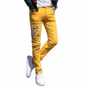 Fi Streetwear hommes jean coupe ajustée rose jaune vert couleur élastique Punk pantalon Hip Hop jean broderie Denim pantalon hommes 659D #