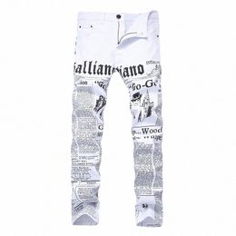 Fi Stretch Jeans pour hommes lettres blanches impression mâle Slim Fit élastique pantalon décontracté serré Denim imprimé pantalon cool 68yC #