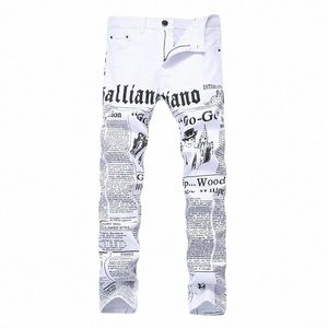 Fi Stretch Jeans pour hommes lettres blanches impression mâle Slim Fit élastique pantalon décontracté serré Denim imprimé pantalon cool 68yC #