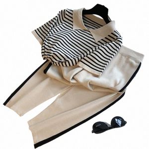 Fi Stripe Patchwork Tricoté Deux Pièces Ensemble Femmes Col Rabattu T-shirt À Manches Courtes + Pantalon À La Cheville Survêtements Occasionnels W9du #