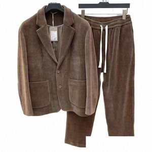 fi Pak Heren Lente Herfst Lg Mouw High-end Casual Koreaanse Slanke Tweedelige Set Effen Rimpel Blazer met Voering Outfits k72Z #