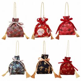 Fi doux élégant toile fr sac à cordon portable Bowknot gland sac à main Sakura Floral Ribb Bow poignet sac b1dL #