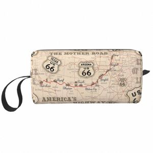 fi Vintage Amerikaanse kaart Route 66 patroon reizen toilettas USA snelwegen cosmetische make-up organisator schoonheid opslag Dopp Kit j4og #