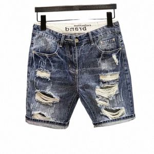 Fi pantalones cortos de mezclilla de verano para hombres coreanos vintage con agujeros desgastados Slim Fit agujeros desgastados diseñador ropa de lujo hombres K9DG #
