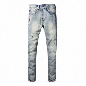 Fi Vintage Hommes Jeans Haute Qualité Rétro Bleu Clair Stretch Slim Fit Ripped Jeans Hommes Broderie Patch Designer Denim Pantalon r93y #