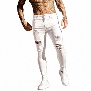 fi Witte elastische skinny broek man gescheurde jeans mannelijke streetwear vintage W effen denim broek heren casual slim fit broek O0io #