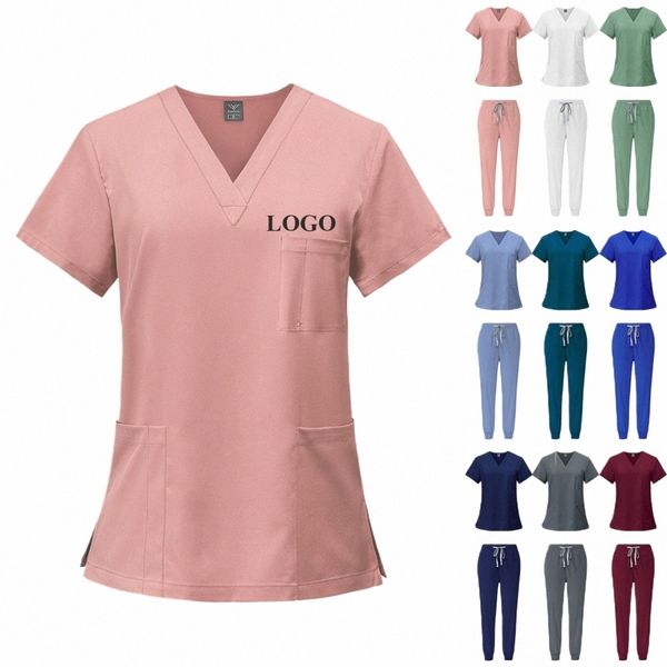 Fi Blanc Uniformes d'hôpital Infirmière Beauté Dentaire Sal Vêtements de travail LOGO personnalisé Uniforme Médical Scrubs Jogger Ensembles unisexes 89SJ #