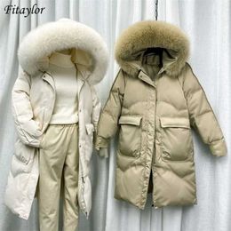 Fi Winter Grand col de fourrure naturelle à capuche vers le bas longue veste femmes manteau de canard blanc coupe-vent manches vêtements d'extérieur chauds 211108