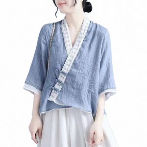 Fi Femme Blouses 2024Vêtements en lin Vêtements traditionnels chinois pour femmes Vintage Top Femme Chinoiserie Été Tang Costume Y0Zu #