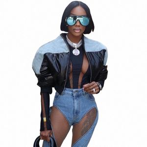 Fi Mujeres Negro Brillante PU Cuero Denim Puffer Chaqueta Alta Cintura Burbuja Abrigos Hiphop Lady Cremallera Crop Puff Parkas Down Invierno g3vE #