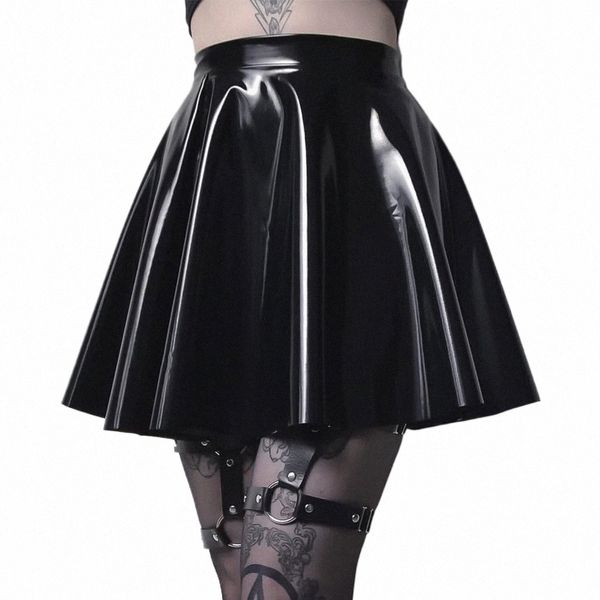 Fi Femmes Shinny Wet Look PVC Cuir Jupe plissée Solide Noir Une ligne Party Clubwear Danse Mini Jupes Vêtements r0nx #