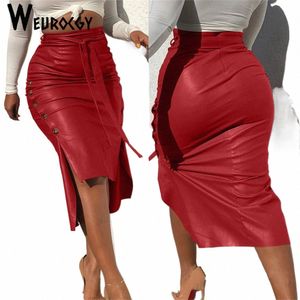 Fi femmes couleur unie taille haute en cuir PU jupe mi-longue à lacets côté bout à bout mince jupe crayon maigre pour dames Streetwear P9l5 #