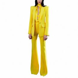 Fi Femmes Costumes Slim Fit 2 Pièce Jaune Peak Revers One Butt Blazer Prom Party Bureau Lady Tenues Veste Flare Pantalon Ensemble S3Sz #