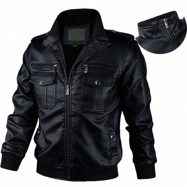 Fi Zip Up Chaqueta de cuero de la motocicleta Hombres Cortavientos Otoño Invierno PU Abrigo de cuero Hombre Chaquetas de cuero para hombres Ropa de abrigo Negro l0E1 #