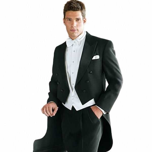 Fiable sur mesure noir Tailcoat garçons d'honneur hommes costumes de fête de mariage bal marié veste + pantalon + gilet 72KF #