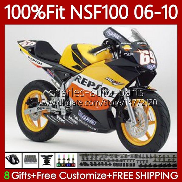 Cuerpos de moldeo por inyección de fibra de vidrio para HONDA NSF-100 Repsol Yellow NSF 100 Bodywork 116No.27 NSF100 06 07 08 09 10 NS-F100 2006 2007 2008 2009 2010 Carenado de carrera de fibra de vidrio