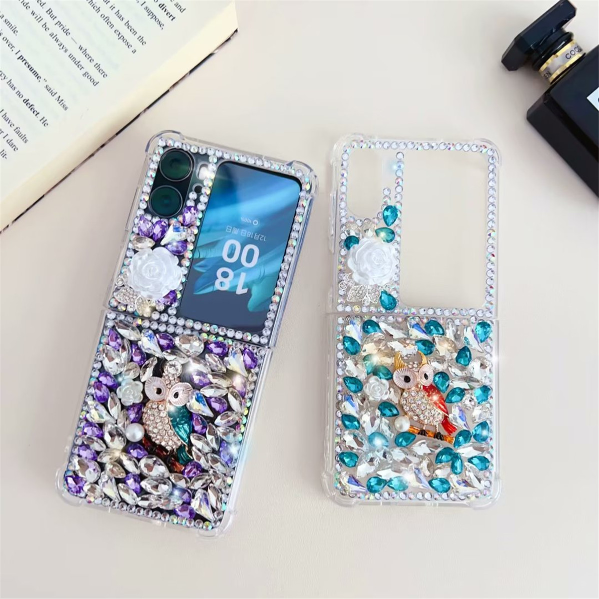 Fiber 3D Artificial Diamond Case för Oppo Hitta N2 Flip Owl Mönster Design Cover Hitta N3 Flip Case för iPhone 15 14 13 12 11 Pro Max Samsung S23 S22 S21 Notera 20 10
