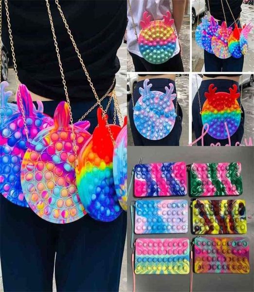 Bolsa de cadena cruzada de Fidget Push Pop Silicone Gubas de goma Pack Macaron Rainbow Mochilas Bubble Popper Handbag Cometic Make4780404