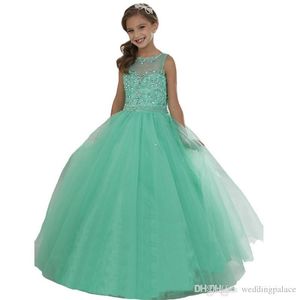 Fiesta Vestido de Sheer Neck Pageant Applique simple avec des perles paillettes une ligne Flower Girls Prom Party Robe