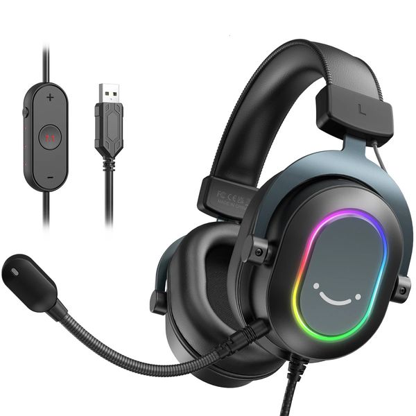 Fifine Dynamic RGB Gaming HEADset con micrófono sobre la oreja auriculares 7,1 sonido envolvente PC EQ opciones juego película música 240314