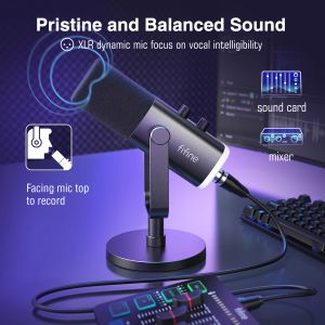 Fifine USB / XLR Microphone dynamique avec contrôle RVB / prise casque / mut, micro pour enregistrement de jeu PC Ampligame-AM8