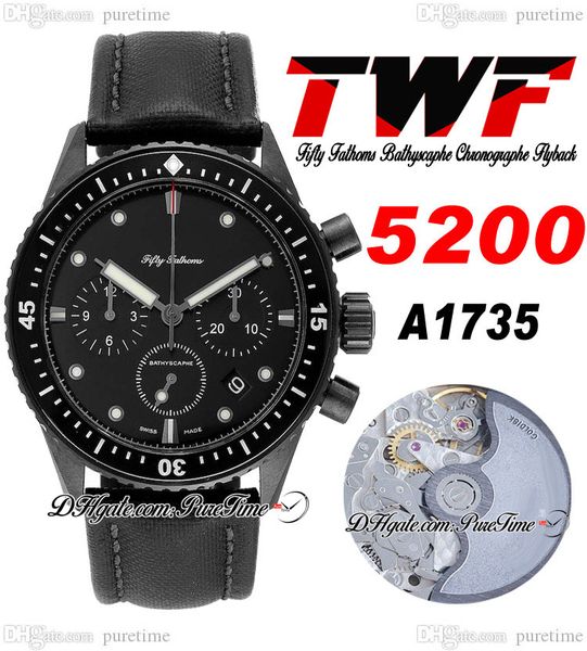 Fifty Fathoms Bathyscaphe A1735 Reloj cronógrafo automático para hombre TWF Flyback PVD Acero Esfera negra Correa de nailon con línea blanca Super Edition Puretime C3