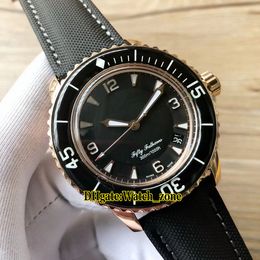 Fifty Fathoms Japan 5015-3630-52 Miyota 8215 Automatische zwarte wijzerplaat Herenhorloge Rose Gold Sapphire Glas Keramische Bezel Lederen Band Horloges