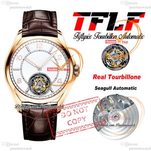 FiftySix 6000e Real Tourbillon Automatic Mens Watch Tflf Rose Gold White Dalm Brown Leather Strap Super Edition Reloj Hombre Montre Homme Puretimewatch