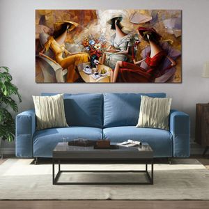 Figuur abstracte canvas kunst vrouwen wijn en koffie handgeschilderde olieverfschilderij statement stuk voor thuis