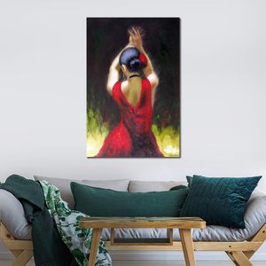 Figuur Olieverfschilderijen Flamenco Dancer in rode jurk Mooie vrouw canvas kunst voor badkamerdecoratie handgeschilderd