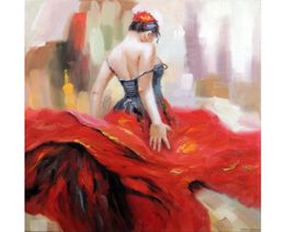 Figuurschilderijen Flamencodanseres Spaanse zigeuner Helderrode jurk Brunette Bloem Haar Olieverfschilderij Spaanse kunst handgeschilderd Vrouw o1313256