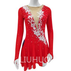 Robe de patinage artistique pour filles et adolescentes, manches longues, couleur rouge, jupe de danse sur glace avec gants adaptés