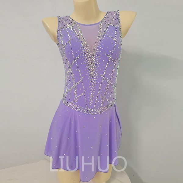 Robe de patinage artistique filles adolescentes manches longues bleu patinage sur glace jupe de danse cristaux de qualité vêtements de danse Performance de ballet violet clair