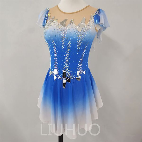 Robe de patinage artistique filles adolescents longs manches bleues sukation de la jupe de danse cristaux cristaux dancewear ballet performance