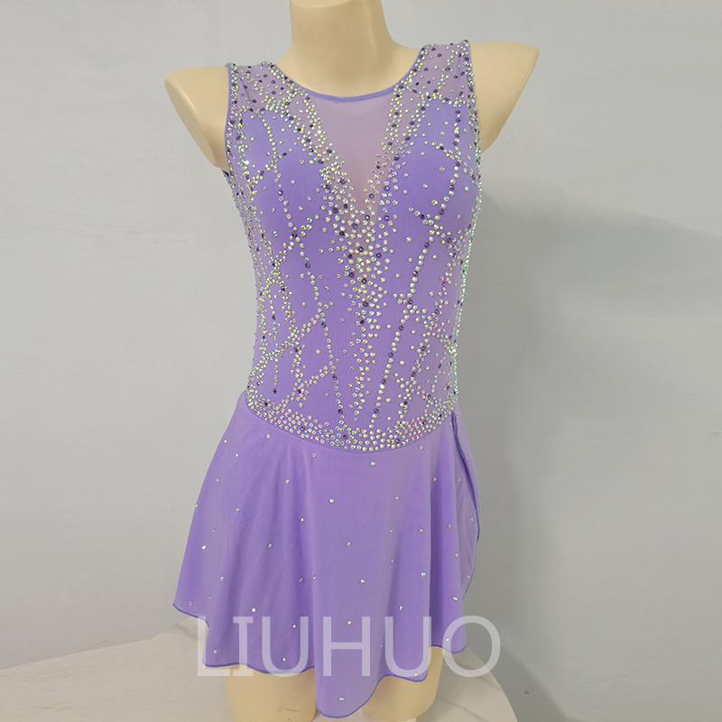 Figur Skating klänning flickor tonåringar långa ärmar blå skridskoåkning dans kjol kvalitet kristaller danskläder balett prestanda ljus lila